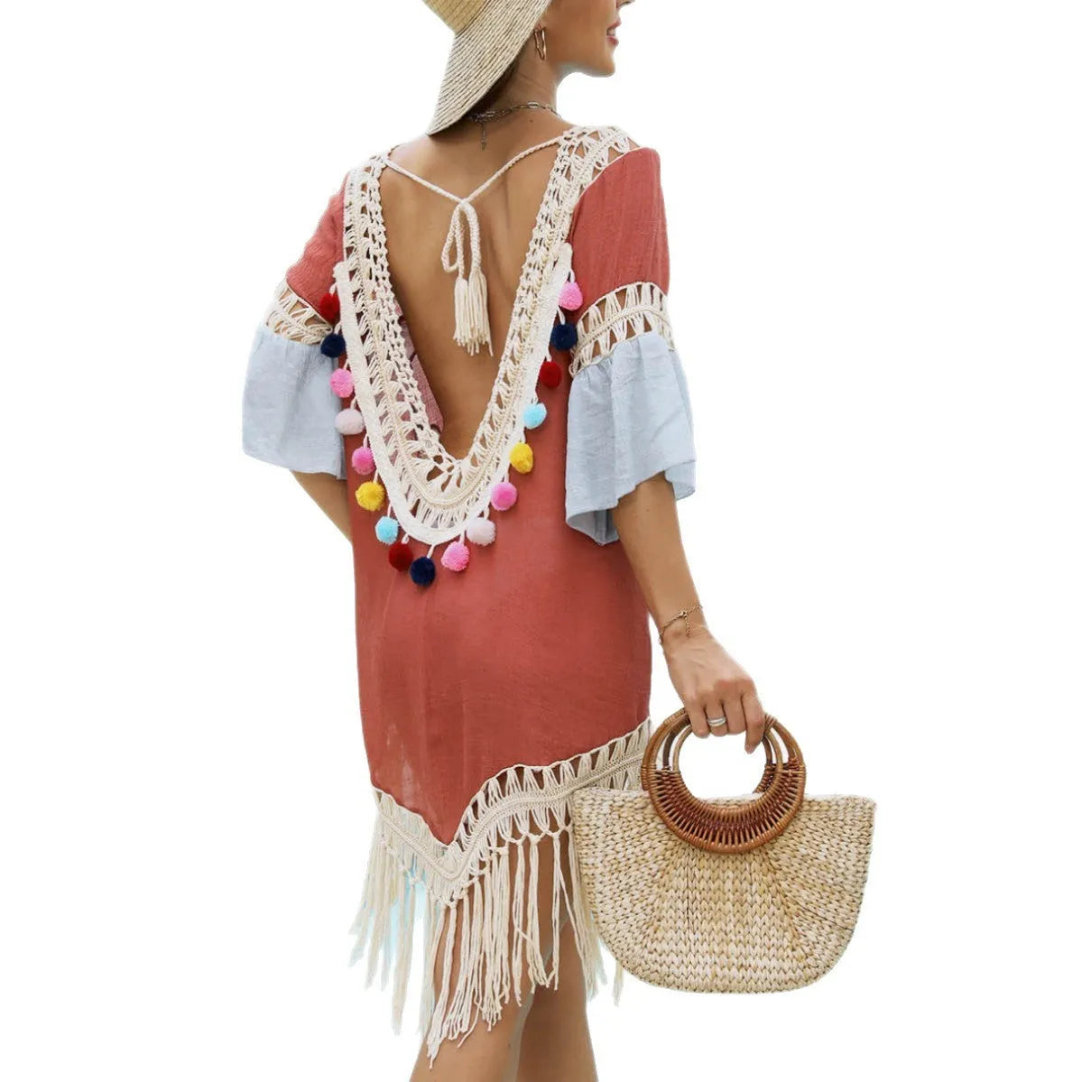 Orange floral pattern beach overskirt with hand crochet stitching and bamboo cotton tassels
