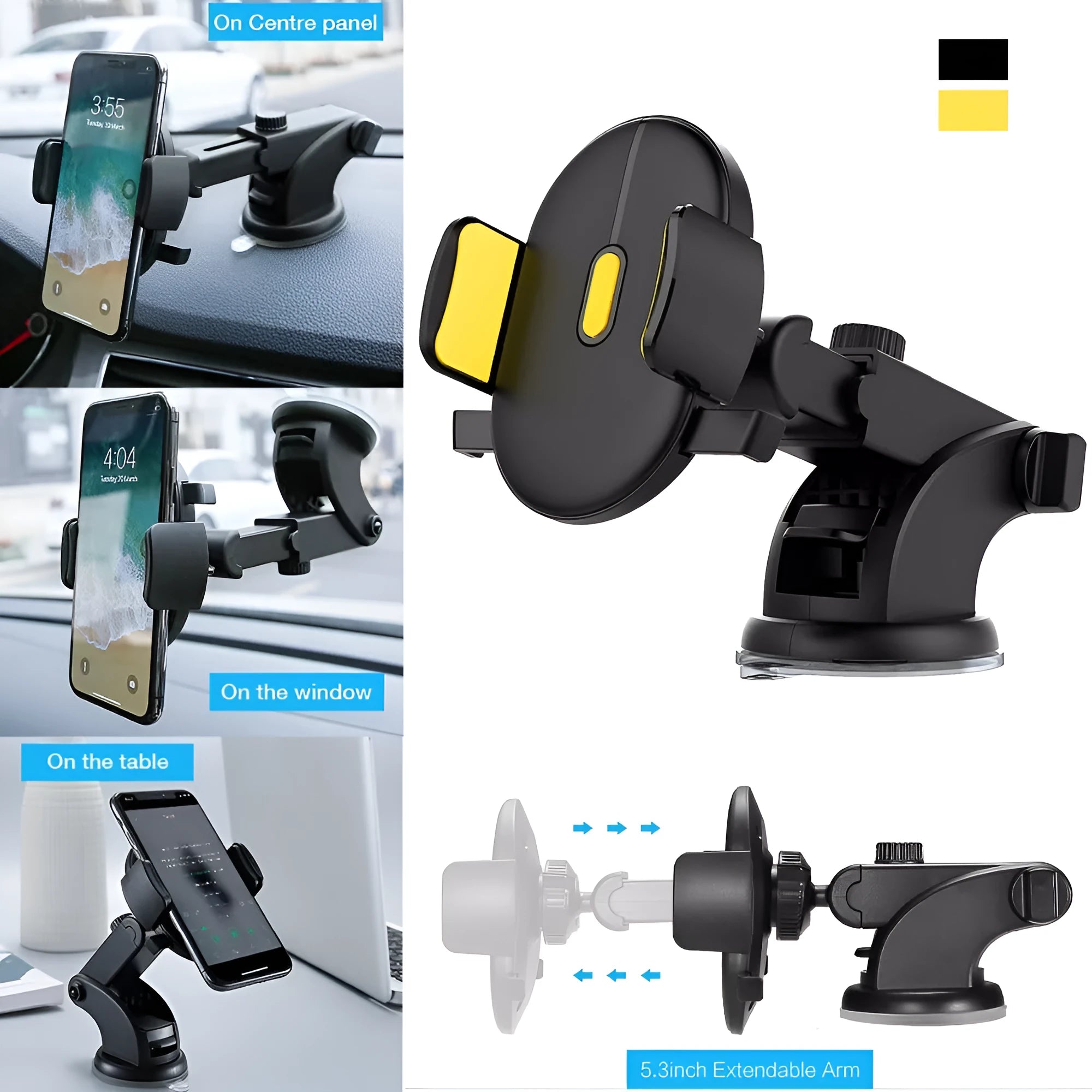 Yellow and black telescopic car phone holder with suction cup extended on a car dashboard.