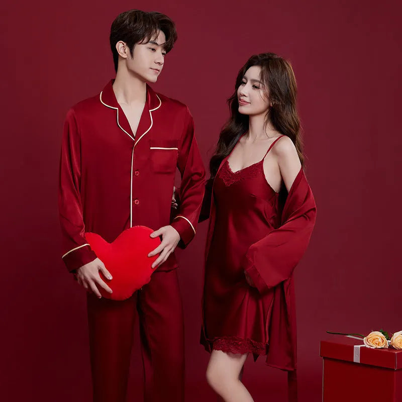 Men's and women's red ice silk wedding dowry sleepwear suit set with long sleeves and trousers