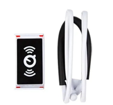 A white flexible neck strap phone holder with a 360-degree rotating clamp gripping a smartphone.