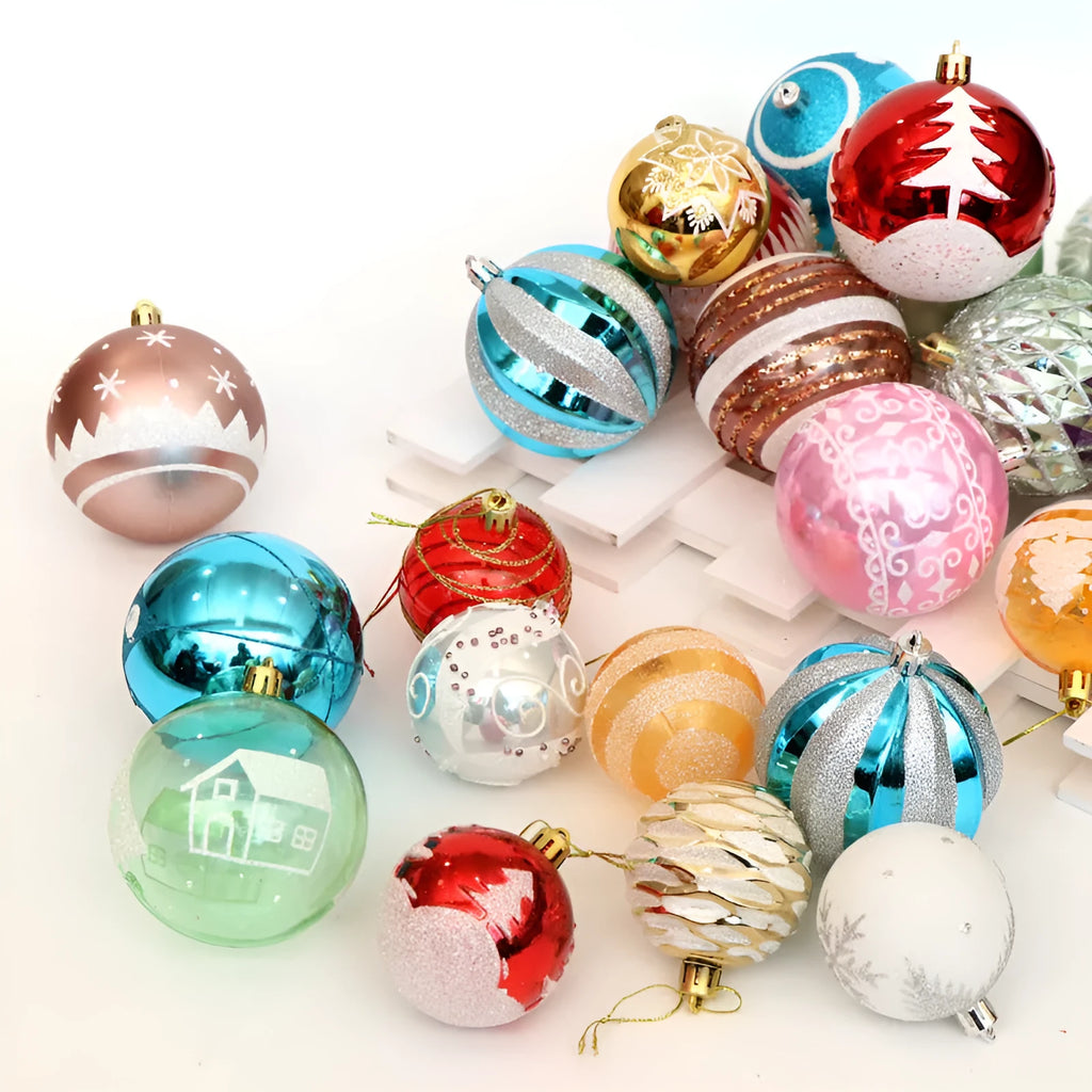 Hand-painted 6cm Christmas tree baubles in gold, red, blue and rose gold colours