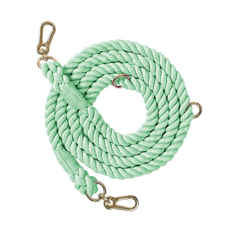 Woven rainbow double-ended dog lead with hand-held rope section in multiple colour options