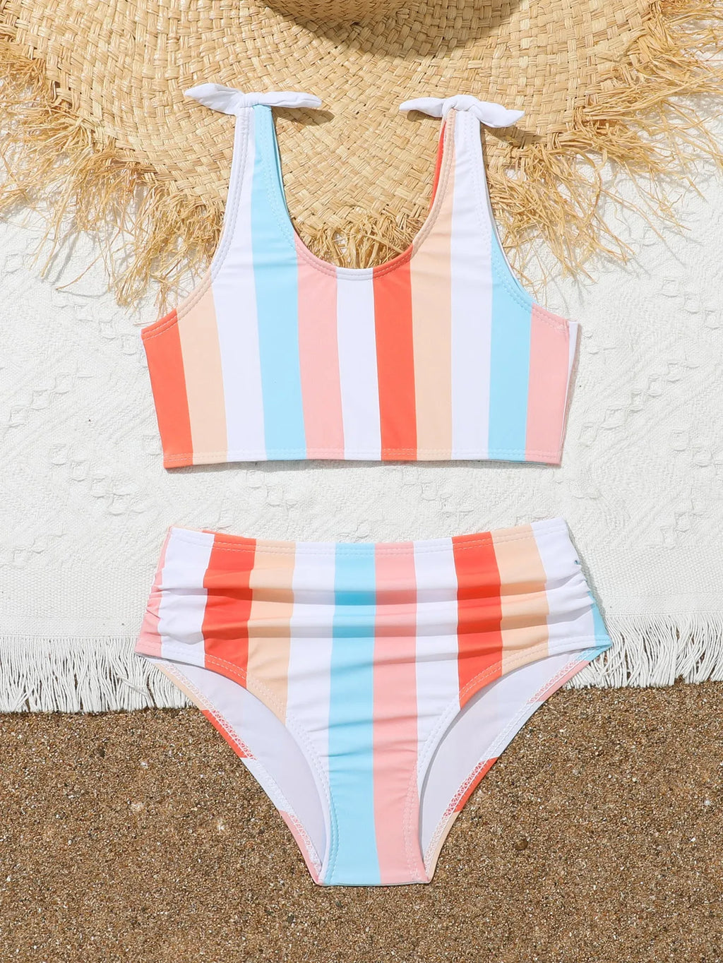 Girls' plaid pattern swimsuit briefs with separate bra and panties components