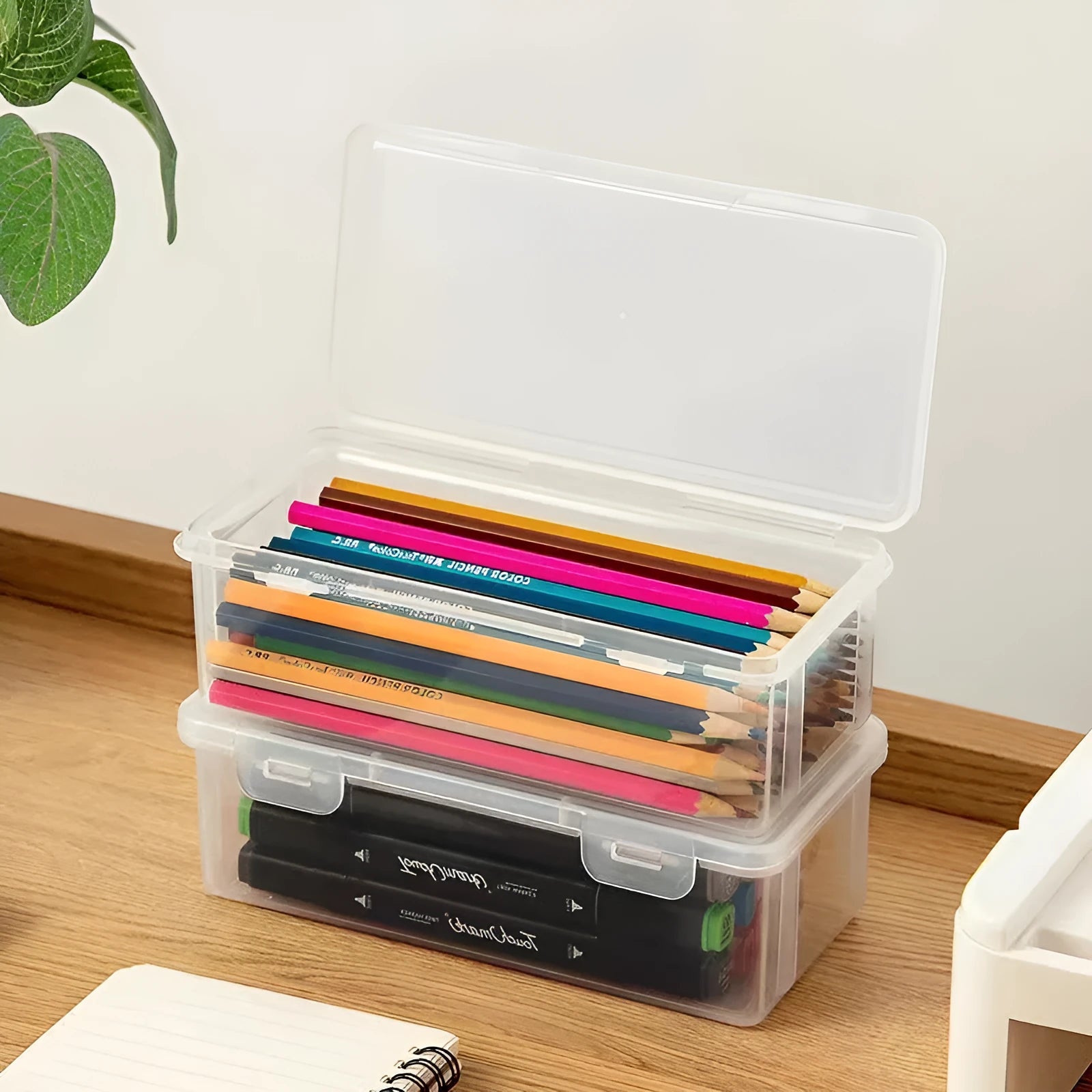 Transparent plastic stationery storage box with large capacity for pencils and crayons