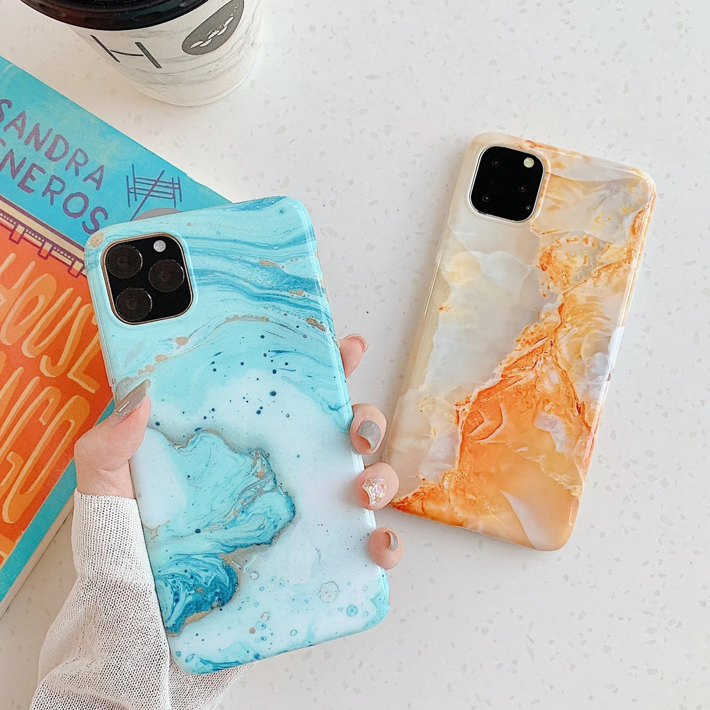 Frosty marble silicone phone case back cover with geometric pattern for iPhone models