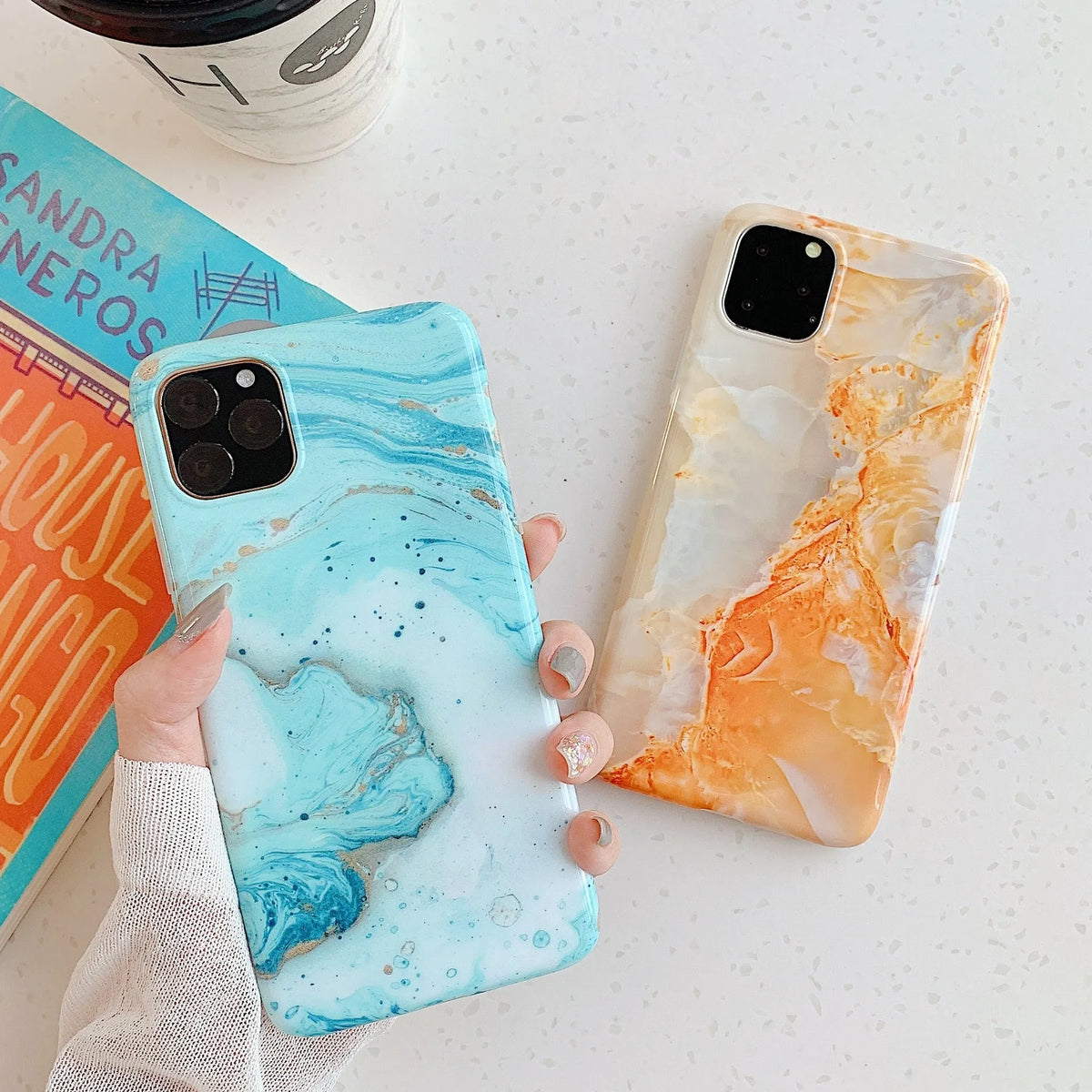 Frosty marble silicone phone case back cover with geometric pattern for iPhone models