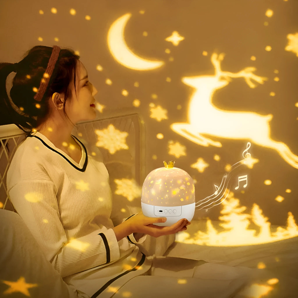 Crown starry sky projection lamp with music box, 3W LED, built-in battery, planets modelling, 130x140mm