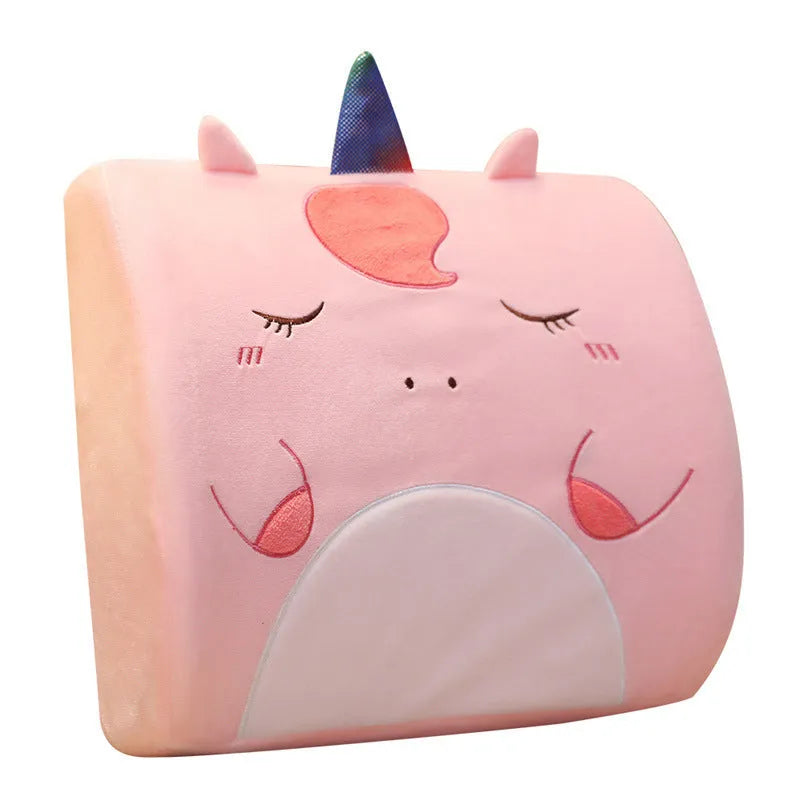 Cartoon character memory foam lumbar support cushion on a car seat, with removable inner core.