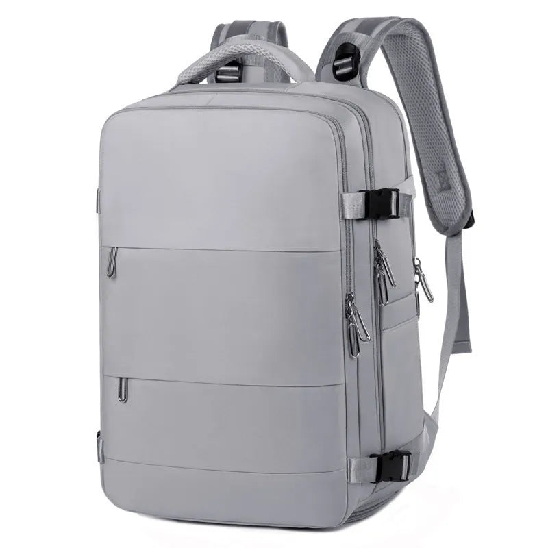 Purple women's travel backpack with multiple compartments and air pillow shoulder straps