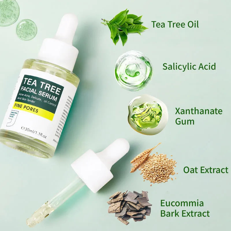 30ml tea tree facial serum in a bottle with a dropper, suitable for neutral oily dry mixed skin types