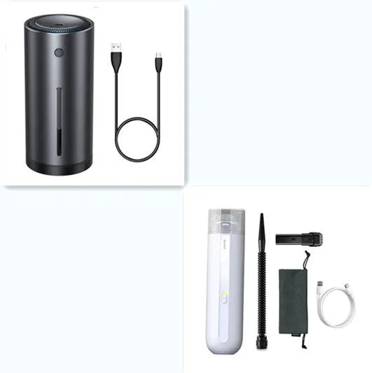 Baseus handheld car vacuum cleaner in black, white, or green next to a dust bin and blowing hose.