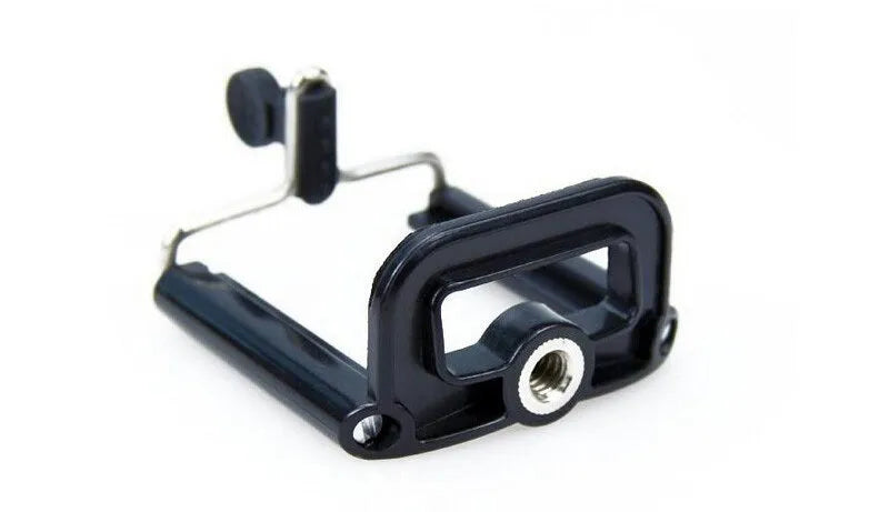 Mini aluminium tripod with extended legs and a black U-shaped phone clip attached