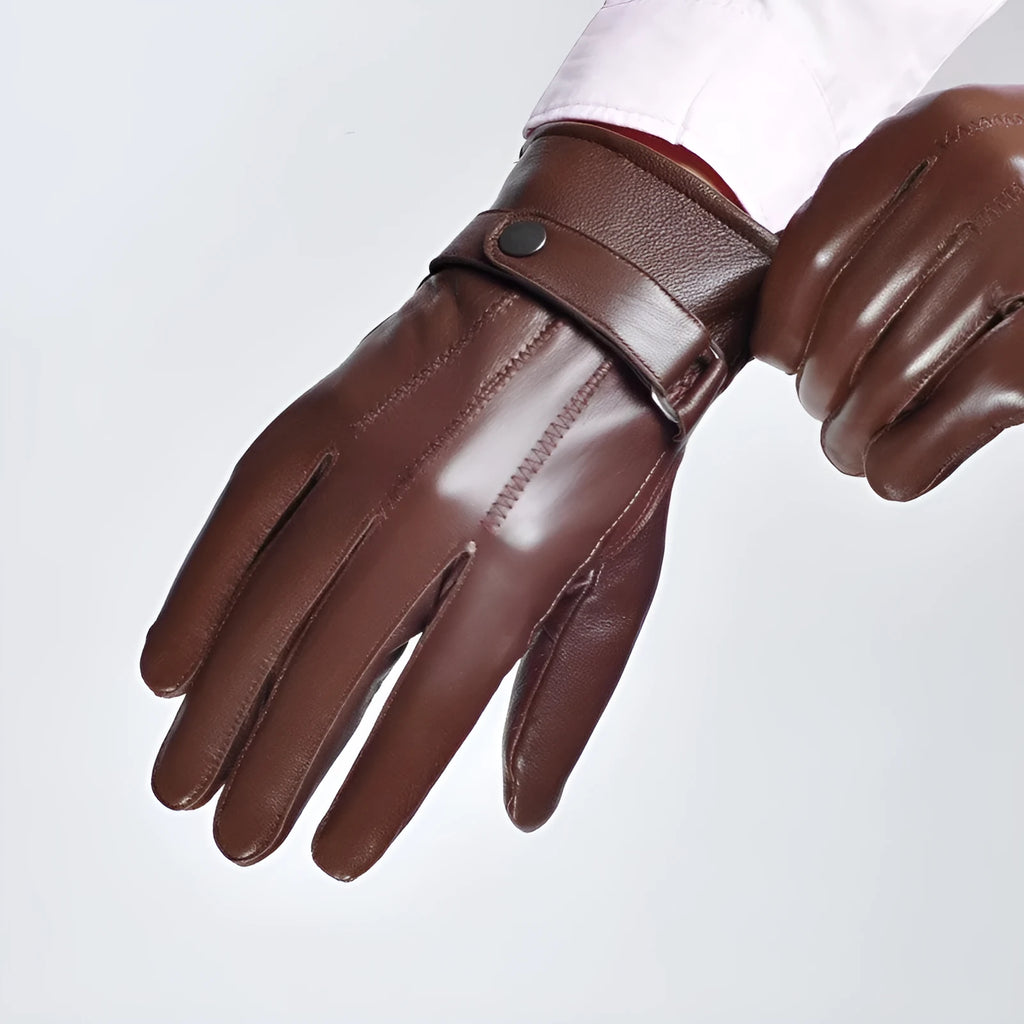 Men's sheepskin leather warm finger gloves in black or dark brown, monochrome, one size