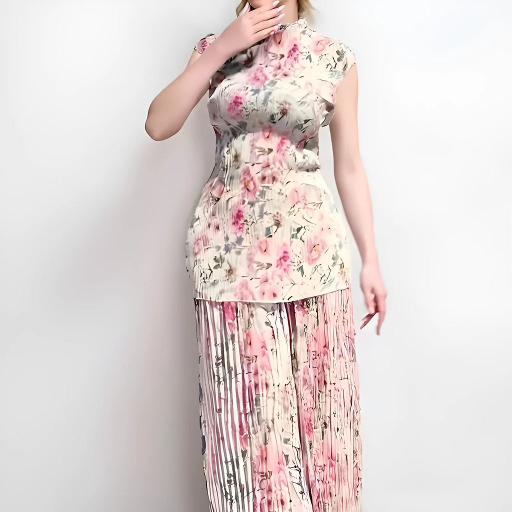 Women's long sleeve printed chiffon two-piece dress set with high waist skirt.