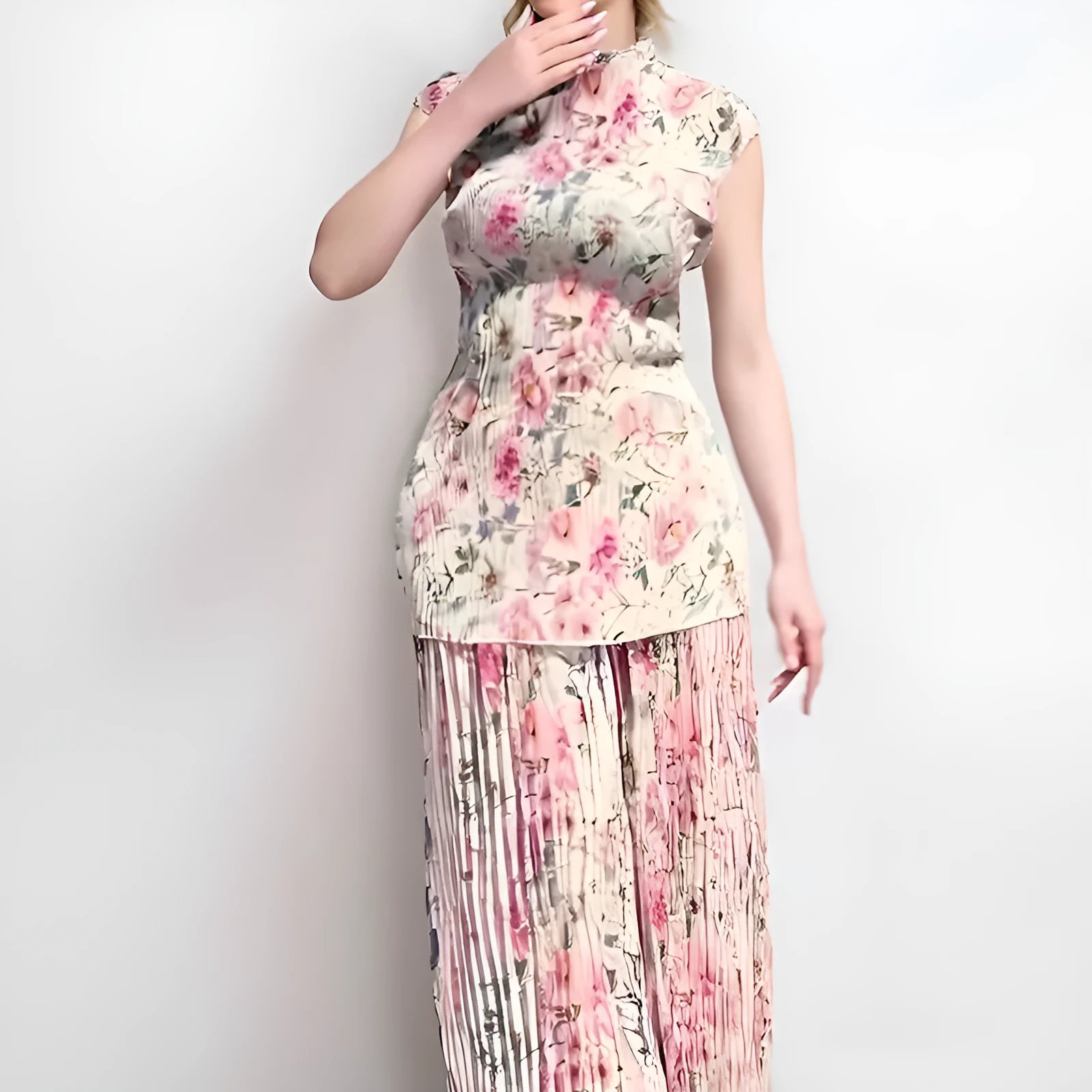 Women's long sleeve printed chiffon two-piece dress set with high waist skirt.