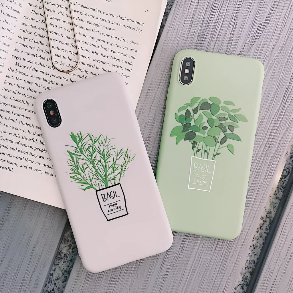 White silicone iPhone case with detailed painted plant design on the back