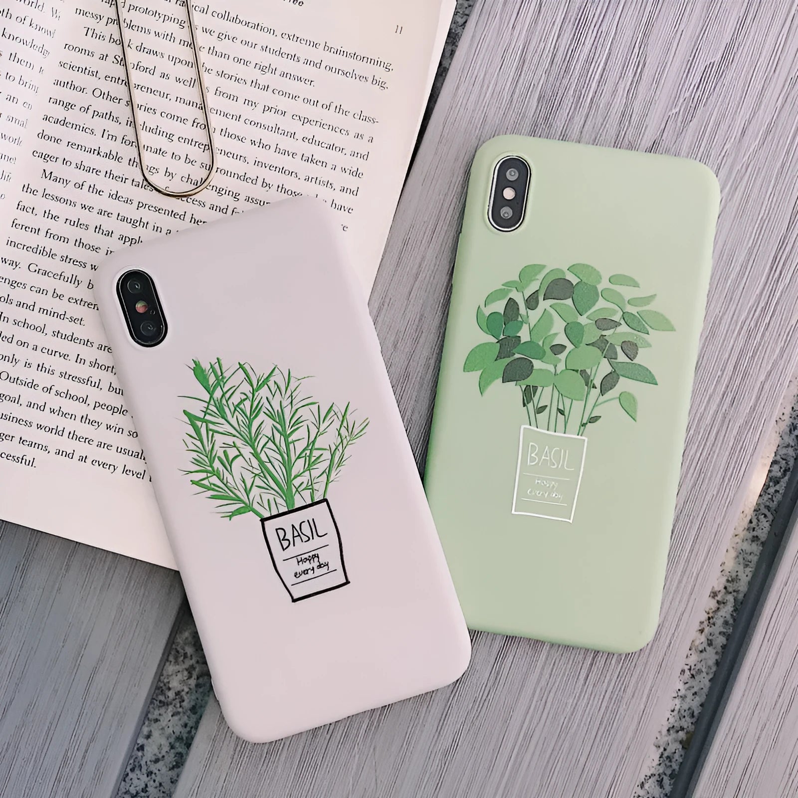 White silicone iPhone case with detailed painted plant design on the back