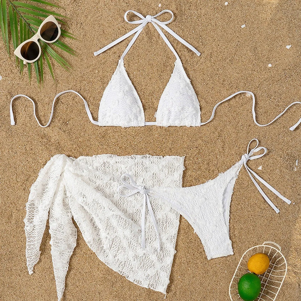 White women's split bikini swimsuit with mesh halter neck, three-piece set with suspenders, trunks, and apron, sizes S M L