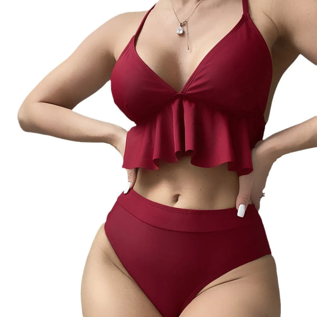 Women's solid colour split bikini swimsuit in black, army green, brick red or blue with sleeveless top