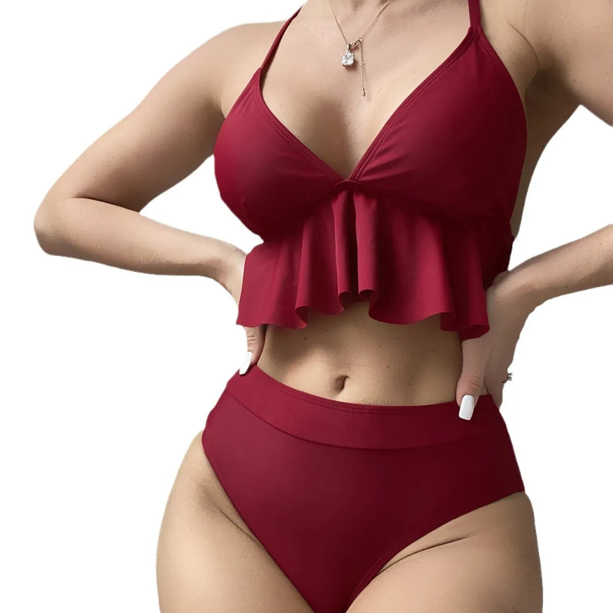 Women's solid colour split bikini swimsuit in black, army green, brick red or blue with sleeveless top