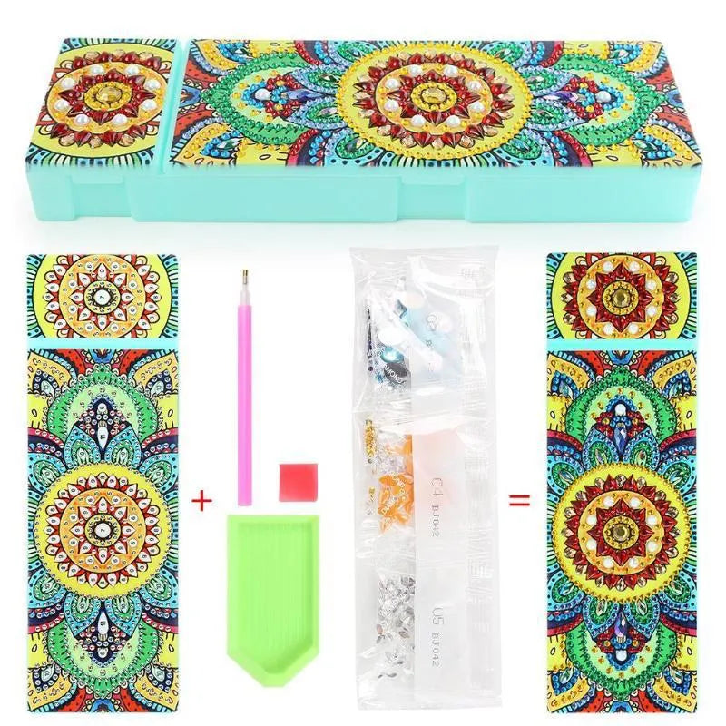 DIY diamond painting kit with PU leather wristlet pencil case, resin diamonds, and crafting tools laid out.