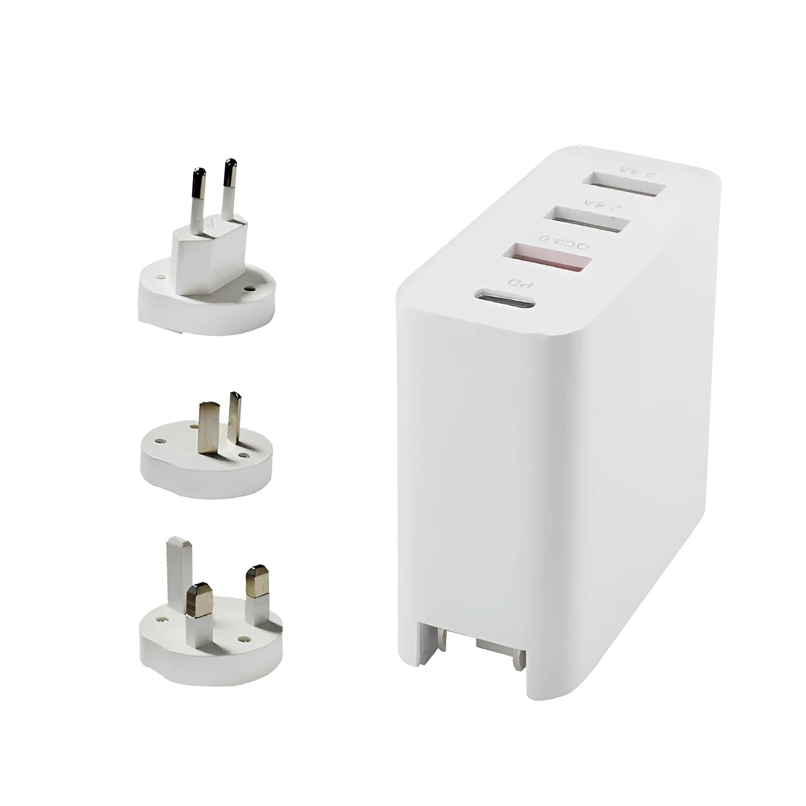 Black and white 48W four-port USB-C mobile phone wall charger with LED light.