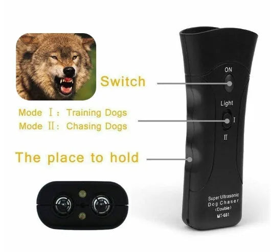 Black ABS ultrasonic dog repeller and training flashlight, 14cm x 6cm x 3cm, 130dB, 20m range