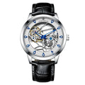 Men's silver case mechanical watch with white dial, blue hands, and a black genuine leather strap.