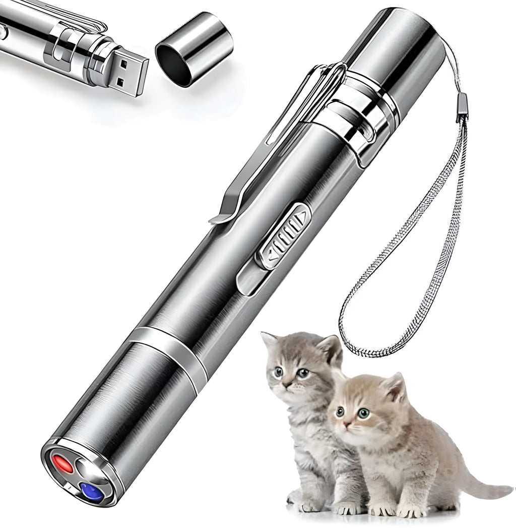 Silver aluminium cat toy pointer with USB charging showing multiple light pattern projections
