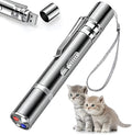 Silver aluminium cat toy pointer with USB charging showing multiple light pattern projections
