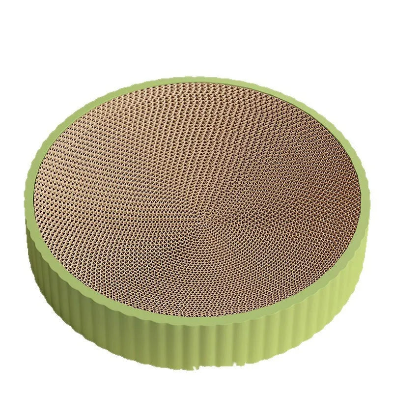 Green and white round 55 cm cat scratching board nest with corrugated paper surface.