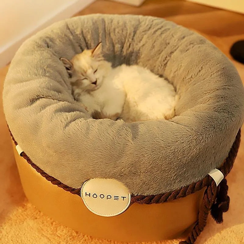 Closed solid colour warm cat nest in warm yellow, made from polyester PU cotton, available in small and medium sizes