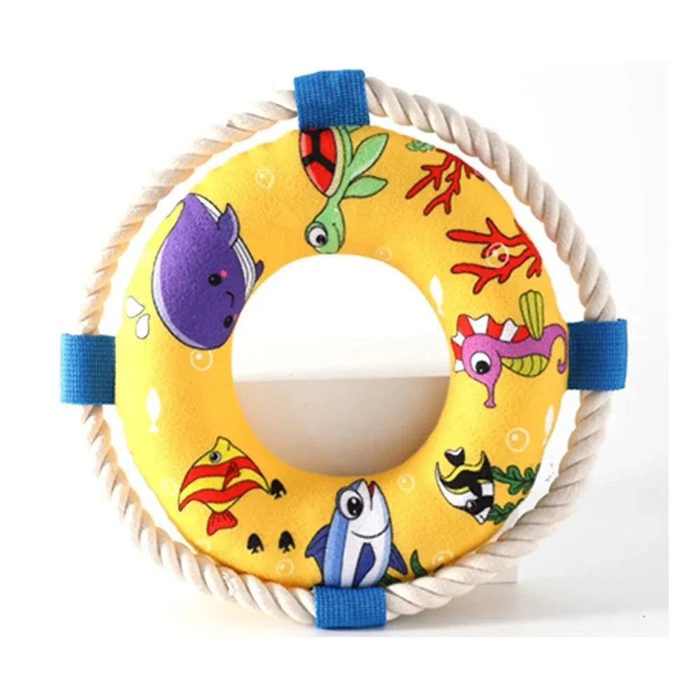 25cm diameter soft plush dog pull ring toy with squeaker for fetch games and chew training