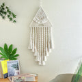 Handwoven triangle dream catcher pendant with cotton thread, wooden beads, and tassel, 29x45x72cm, brown colour