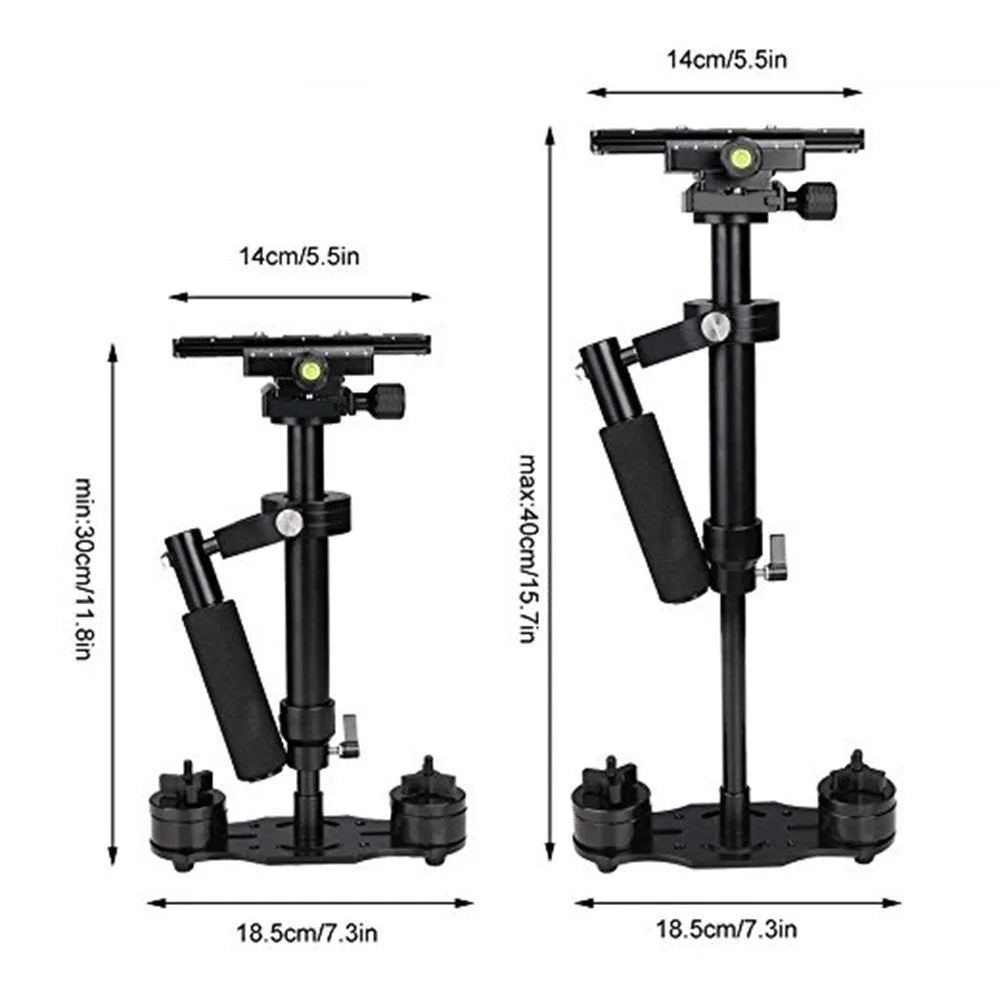 Black aluminium handheld camera stabilizer with adjustable height on a table.
