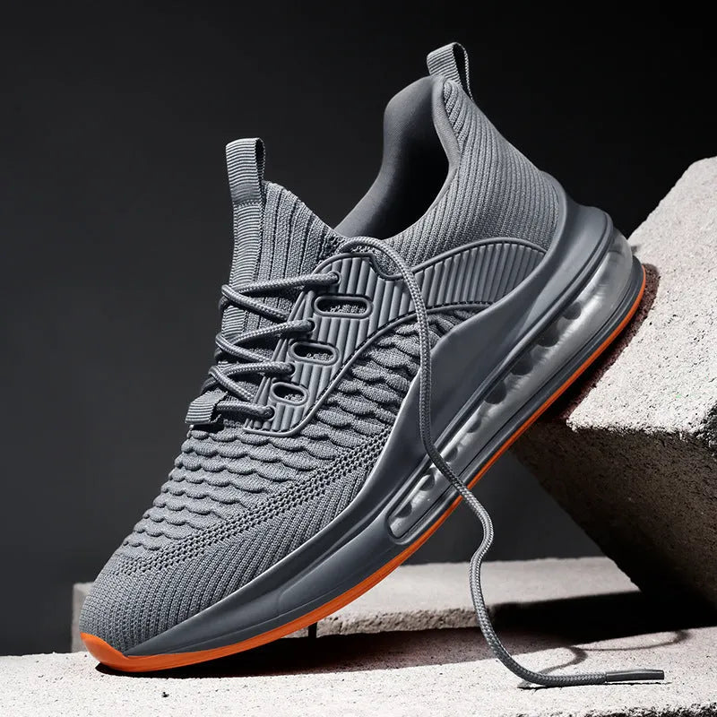 Men's black mesh running shoes with platform heel and rubber sole