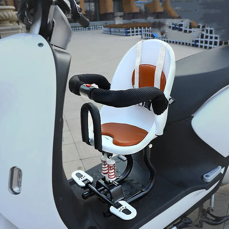 Black high carbon steel front seat for a baby scooter, shown with dimensions