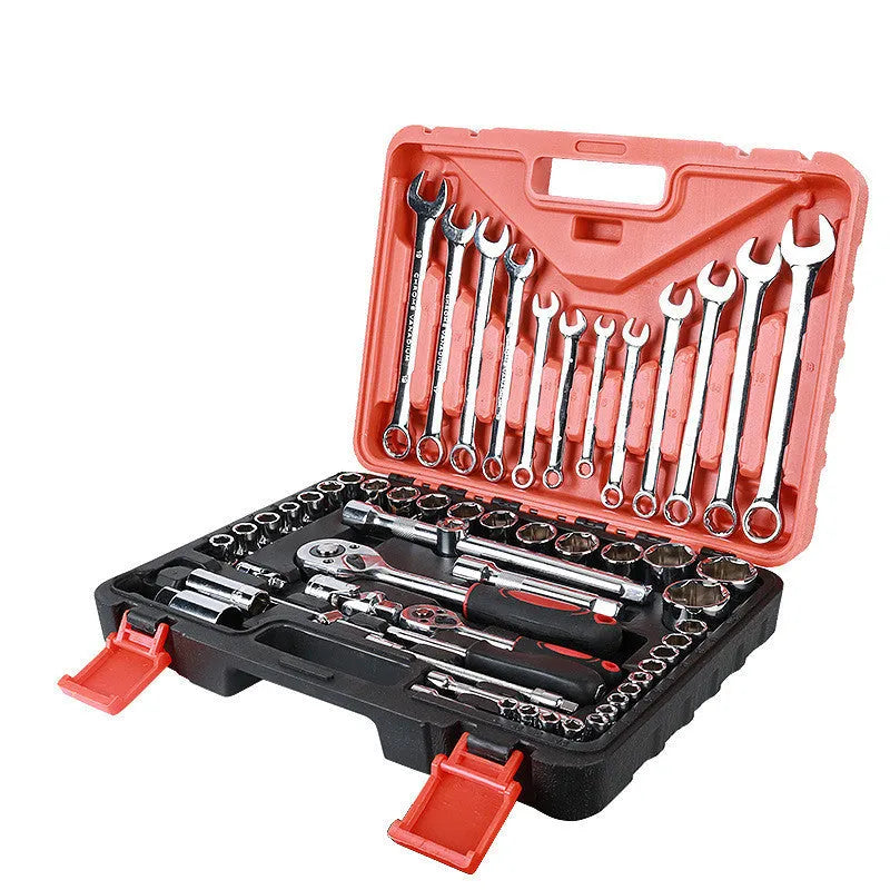 61-piece chrome vanadium steel auto repair socket and wrench set with ratchets, laid out in case.