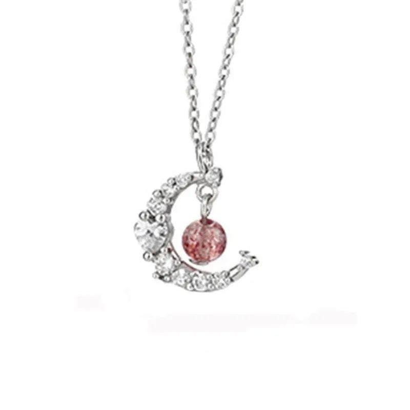 Copper moon pendant necklace for women with adjustable cross chain in Strawberry Quartz colour