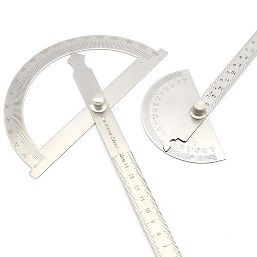 Adjustable protractor showing 0-180 degree scale in 15cm and 14.5cm sizes