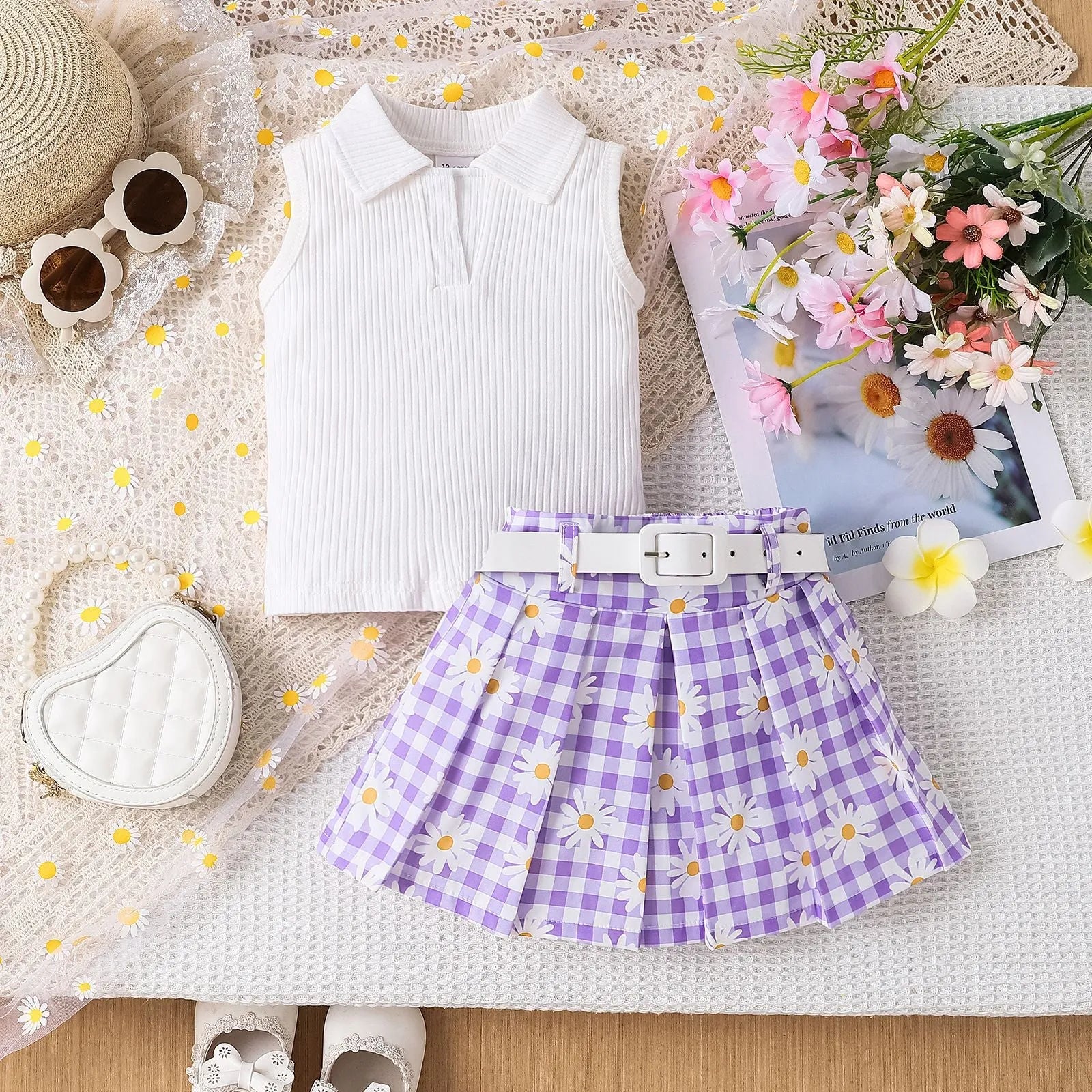 Girls three-piece skirt suit with sleeveless stripe top, daisy plaid skirt, and belt in green colour