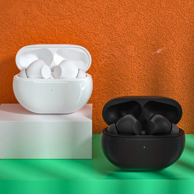 Pro4 black and white Bluetooth earpieces inside a compact grey charging case with USB cable.