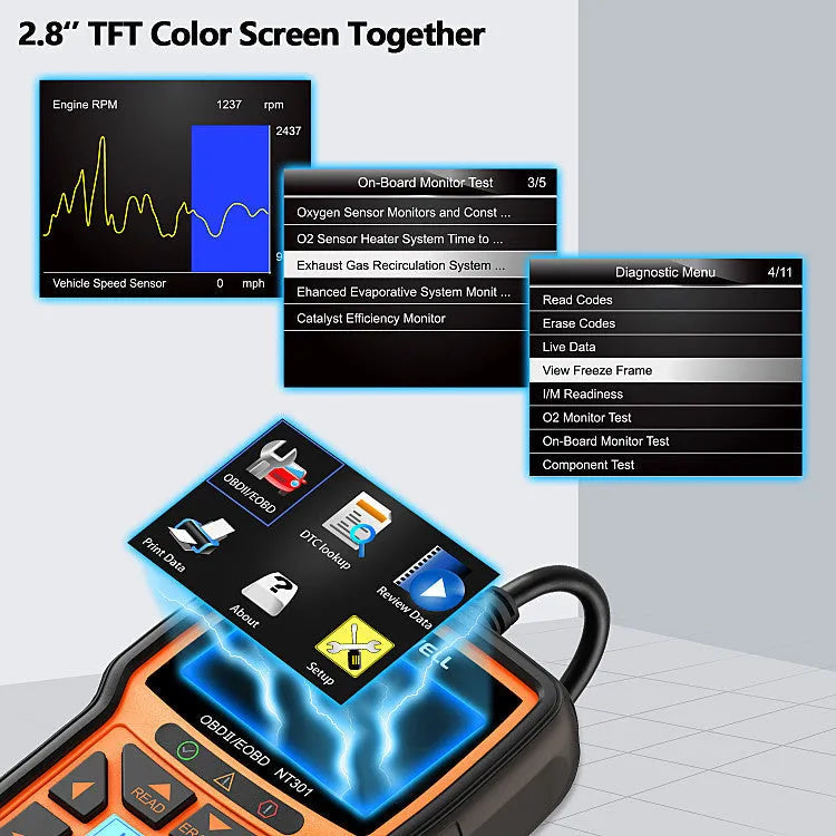 Orange vehicle diagnostic tool with 2.8 inch TFT colour screen showing diagnostic data, dimensions 145x94x32 mm