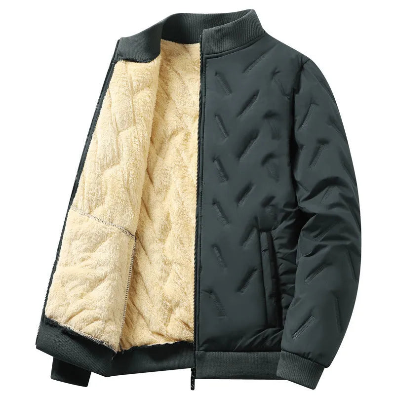 Loose fleece-lined pullover coat in khaki, front view, solid colour polyester fibre, available in sizes M to 4XL