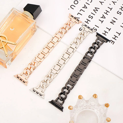 Metal denim chain link Apple Watch strap in silver, black, gold, rose gold and starlight colours.