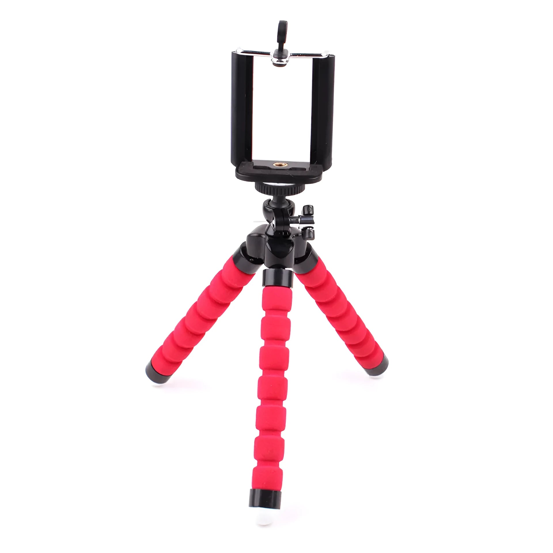 Mini flexible octopus tripod with sponge phone holder in black, blue, and red colours
