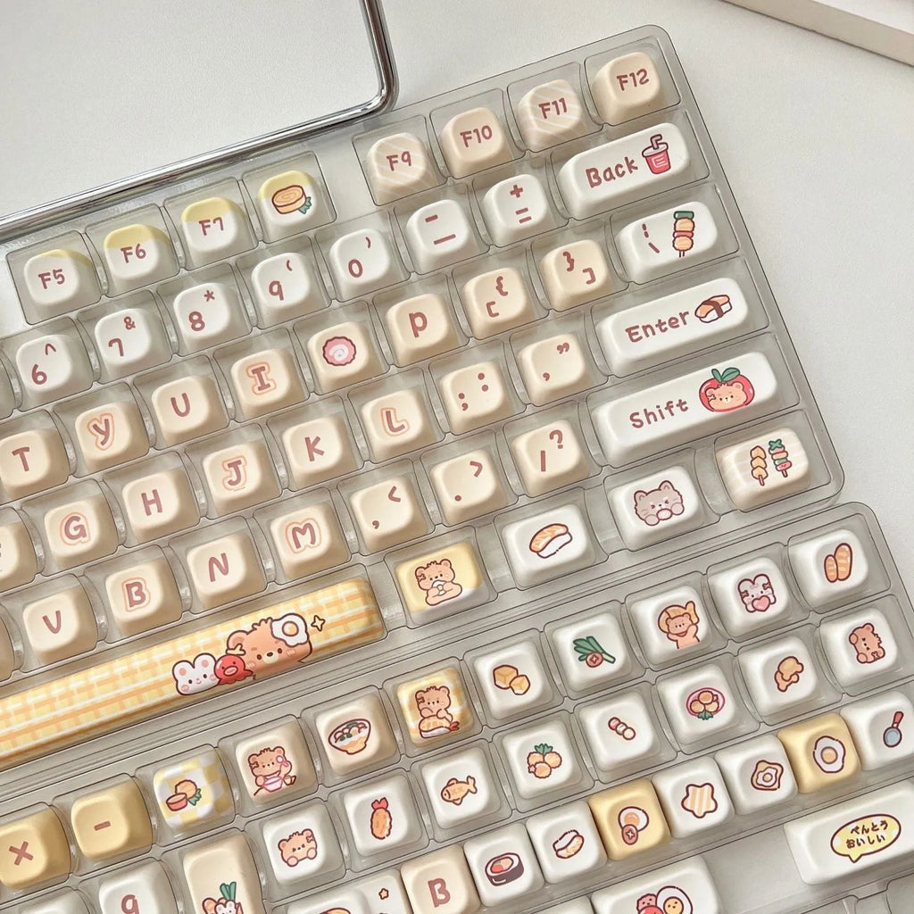 Rabbit Bear Restaurant cartoon themed PBT keycap set in EOA height profile, 140 pieces.