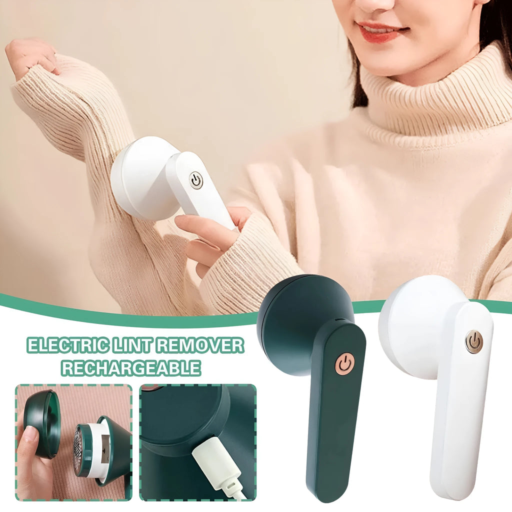 White or green USB-rechargeable electric lint remover with removable lint collection container