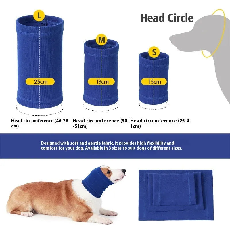 Blue or grey polyester dog headband scarf shown in small, medium, and large sizes.