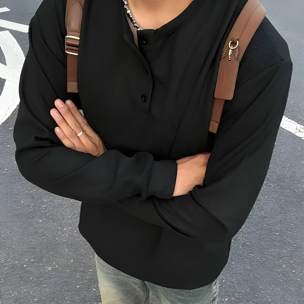 Men's black American Henry collar long-sleeved top loose fit chemical fibre blend pullover solid colour